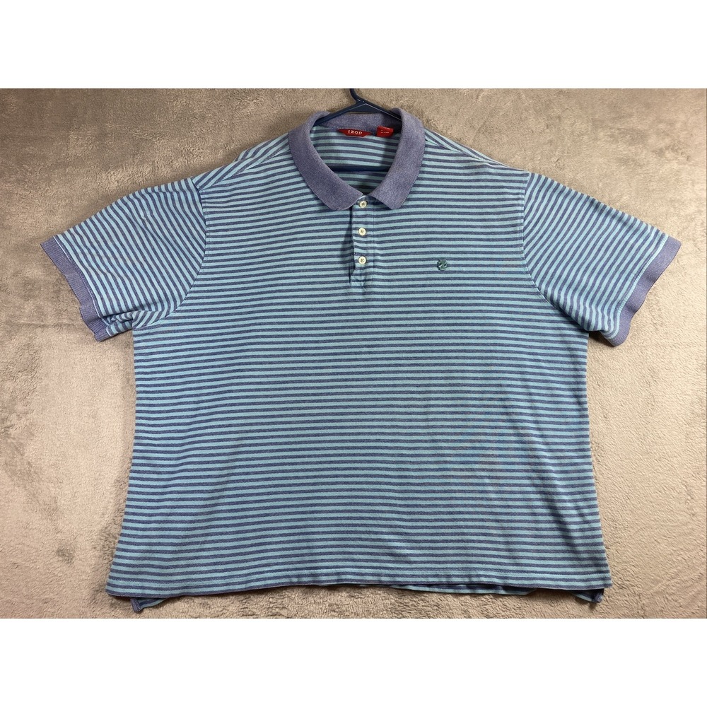 IZOD Luxury Sport Polo Shirt Men 3XL XXXL Blue Striped Logo Casual Boxy Cotton